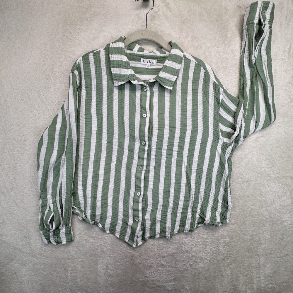 Lake Pajama Top Women's M Green White Striped Seersucker Gauze Button‎ Up